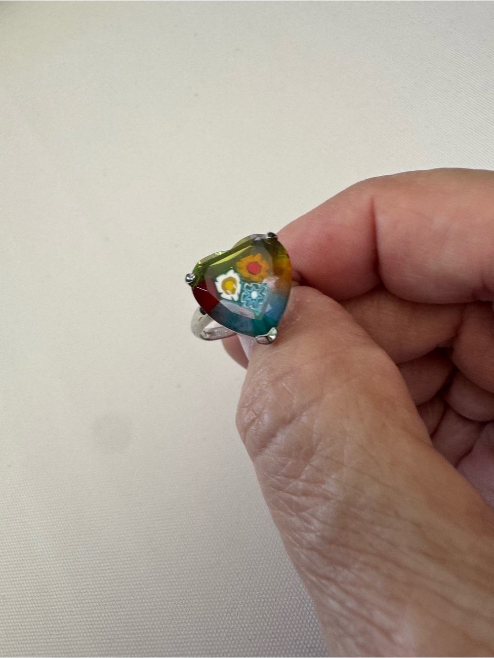 Alan K Millefiori Multicolor Heart Murano Glass Statement Ring sz 8